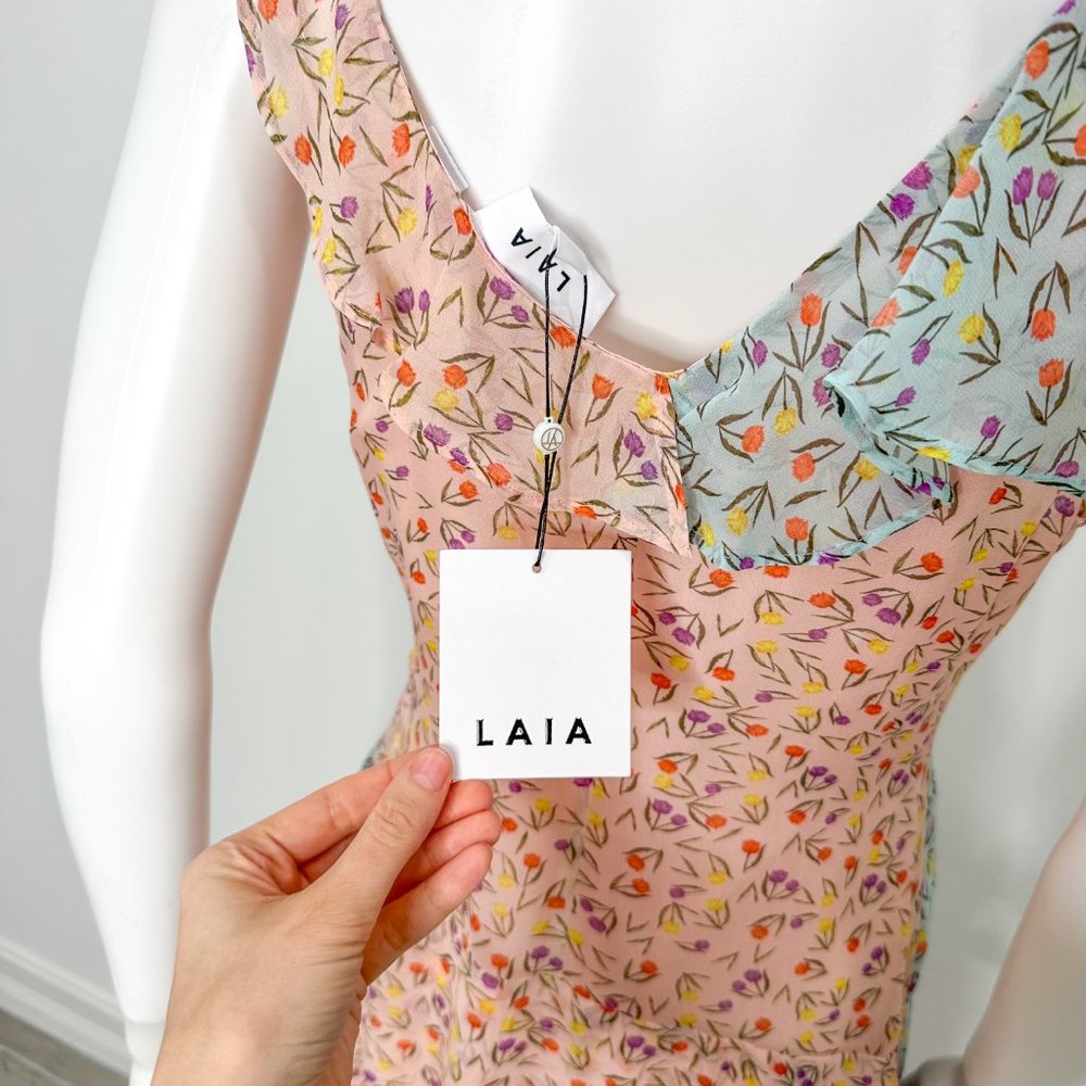Anthropologie LAIA Mixed Floral Print Ruffle Asymmetrical Midi Dress Pink Blue - Picture 9 of 17